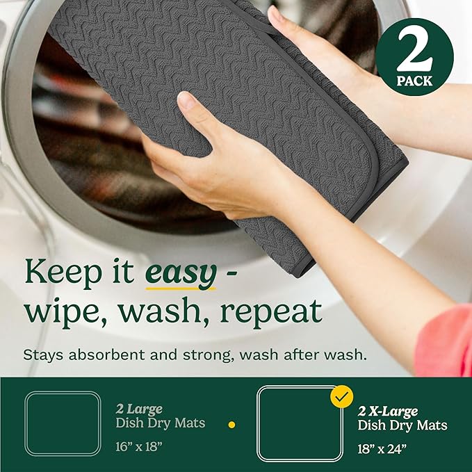 Cuisinart Dish Drying Mats for Kitchen Counter - (2) 18" x 24" Ultra Absorbent Dish Drying Mat XL - Foldable, Machine Washable, Fast Drying Dish Mat (Geostripe)