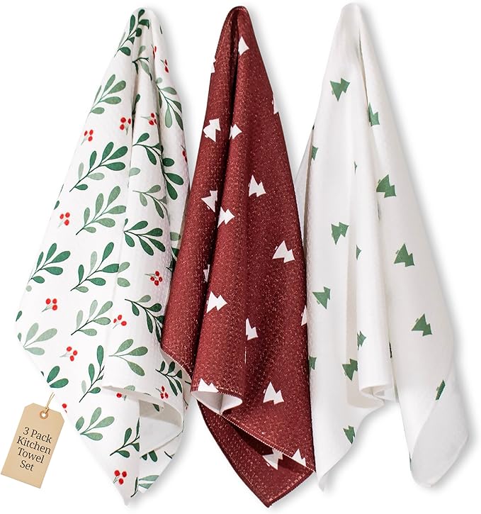 Christmas Kitchen Towels Set of 3 Mistletowed – Microfiber Waffle Weave Dish Towels 16x24, Super Absorbent & Lint-Free Holiday Kitchen Towels for Drying, Cleaning & Christmas Décor