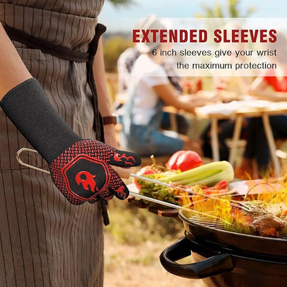 BBQ Grill Gloves : 1472 ℉ High Temp Resistance Fireproof Glove for Grilling Barbecue - Washable Long Silicone Oven Mitts Extreme Hot Proof Mittens for Kitchen Cooking Baking