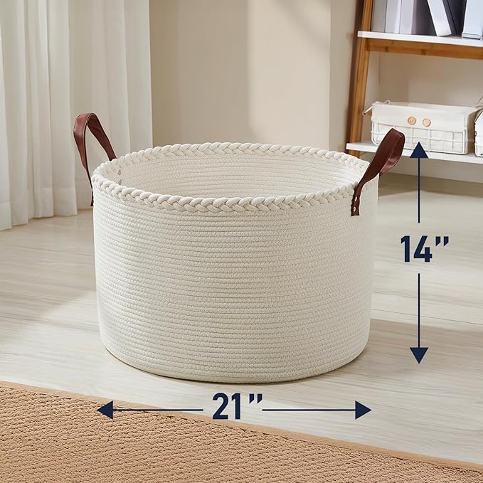 XLarge Round Cotton Rope Storage Basket Bin Organizer Laundry Hamper with Leather Handles, 21 x 21 x 14, Extra Large Blanket Woven Basket for Nursery - Cream