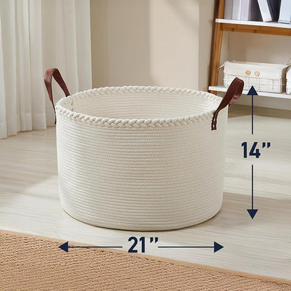 XLarge Round Cotton Rope Storage Basket Bin Organizer Laundry Hamper with Leather Handles, 21 x 21 x 14, Extra Large Blanket Woven Basket for Nursery - Cream