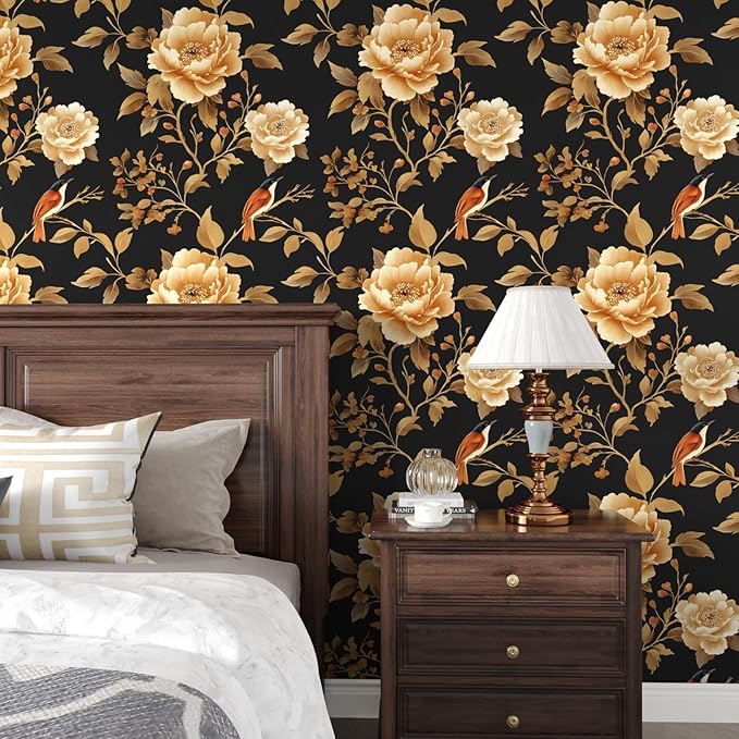 Laatse Vintage Floral Bird Wallpaper Peel and Stick Boho Wallpaper 17.5in x118in Black/Golden Floral Wall Mural Waterproof Self-Adhesive Modern Wall Paper for Bedroom Kitchen Cabinet Drawer Decor