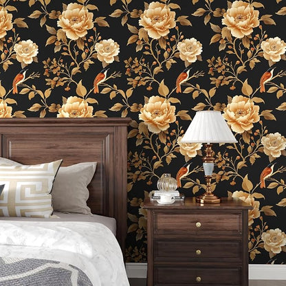 Laatse Vintage Floral Bird Wallpaper Peel and Stick Boho Wallpaper 17.5in x118in Black/Golden Floral Wall Mural Waterproof Self-Adhesive Modern Wall Paper for Bedroom Kitchen Cabinet Drawer Decor