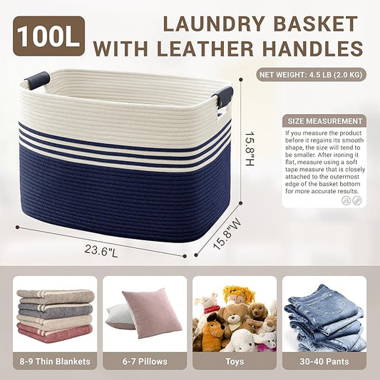 100L Extra Large Laundry Basket with Leather Handles for Living Room Storage, Woven Rope Baskets for Blanket, Kids Toy, Gifts, Wicker Hamper for Bedroom Dirty Clothes, 24"x16"x16" White Navy