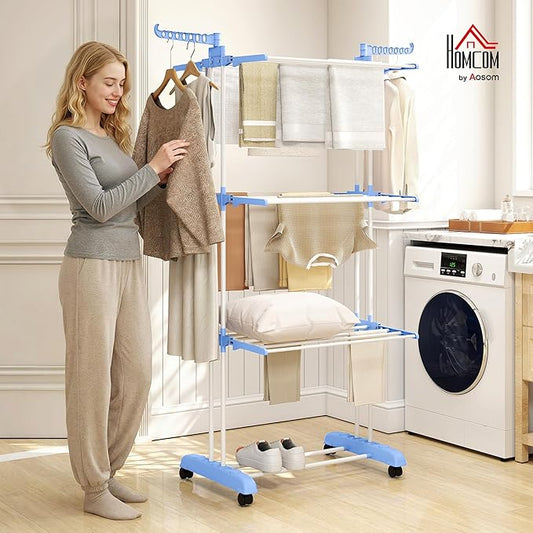 HOMCOM Folding Clothes Airer on Wheels Steel Frame Interior and Exterior Side Wings 3 Levels 73 x 64 x 177 cm Blue Silver