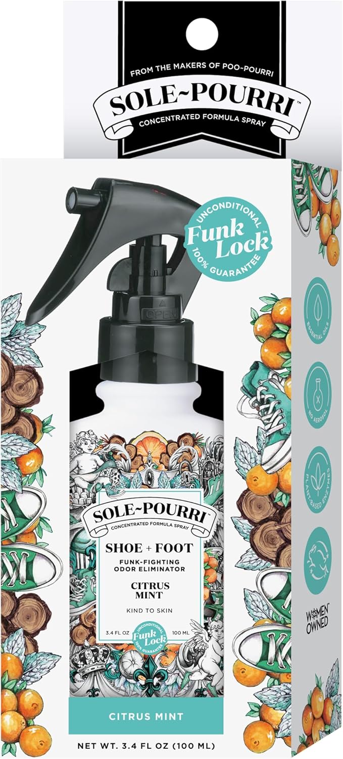 Sole-Pourri Shoe Deodorizer + Foot Spray,3.4 Fl Oz,Up to 150 Uses,Funk-Fighting Odor Freshener with Essential Oils,for Smelly Shoes,Feet & Gym Bags,Citrus & Mint Scent,(Pack of 2)