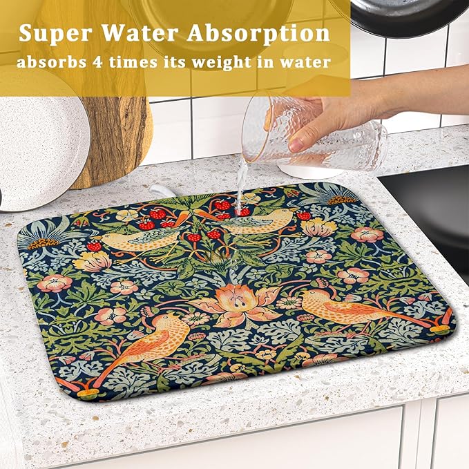 Navy Blue Sage Green Chinoiserie Dish Drying Pad 16 x 18 Inch With Absorbent Reversible Microfiber Vintage Strawberry Floral Bird Drying Mats Dish Drainer Mat Fast Dry For Kitchen