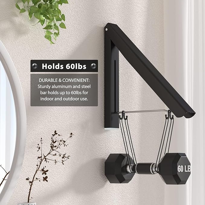 Folding Wall Mounted Drying Rack,Retractable Clothes Hanger, Aluminum Drying Coat Racks for Home Storage Organiser Space Saver with 2 Hooks - Black