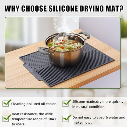 Dish Drying Mat for Kitchen Counter, Silicone Large Dish Drying Pad, Easy Clean Non-slipping Heat Resistant Dish Rack Mat, Foldable Dish Drain Mat, 17'' x 13'', Gray