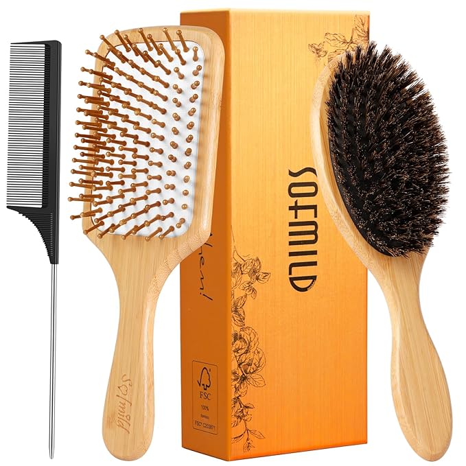 Sofmild Natural Bamboo Hair Brush Set for Women Men Kids, Detangling Brush for Thick Curly Wet Hair,Boar Bristle Hair Brush for Fine Thin Dry Hair to Add Shine and Smooth Flyaways,2-in-1Hair Care