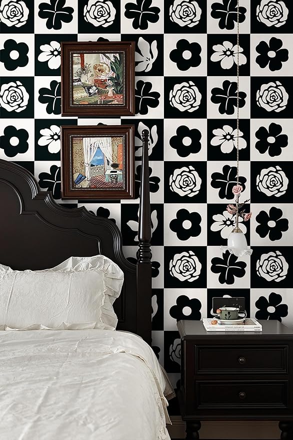 Dimoon 17.3''x78.7'' Peel and Stick Wallpaper Black White Floral Contact Paper Geometric Retro Vintage Thickening Embossed Cream Flower Renter Friendly Wall Paper Boho Aztec Bedroom Vinyl Wrap Roll