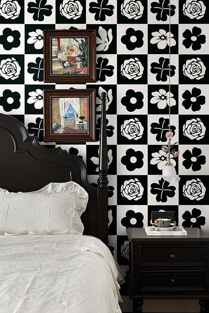 Dimoon 17.3''x78.7'' Peel and Stick Wallpaper Black White Floral Contact Paper Geometric Retro Vintage Thickening Embossed Cream Flower Renter Friendly Wall Paper Boho Aztec Bedroom Vinyl Wrap Roll