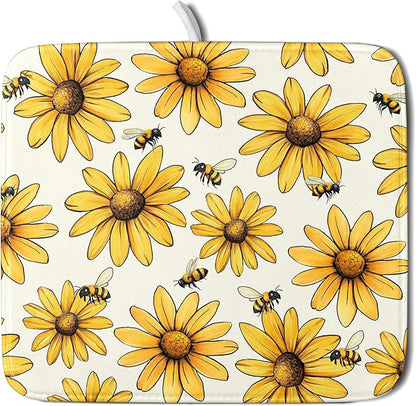 Spring Summer Sunflower Bee Dish Drying Mat of Kitchen Counter 16×18 Inch Floral Drainer Pad Flower Dish Rack Pad Drainer Mat Washable Absorbent Reversible Microfiber for Coffee Bar