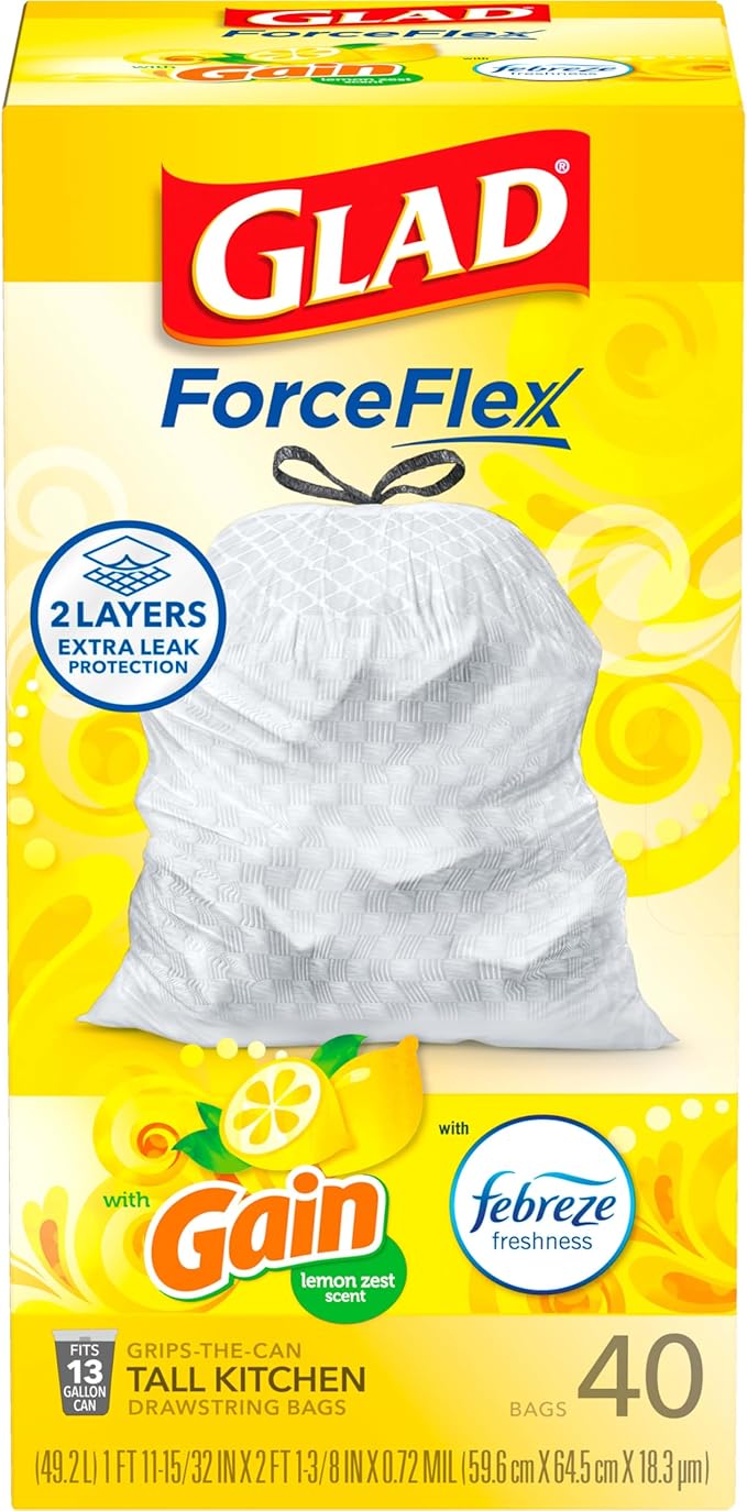 Glad ForceFlex Trash Bags 13 Gallon Gain Lemon Zest | Tall Kitchen | Drawstring | Dual Layer Protection | 40 Count, Pack of 6