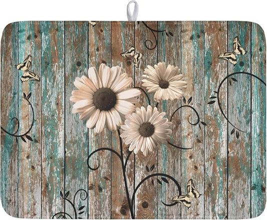 Spring Daisy Dish Drying Mat for Kitchen Counter 18 x 24 Inch Vintage Farmhouse Dish Drainer Mat Absorbent Microfiber Shabby Chic Flowers Dish Rack Pad for Coffee Dining Bar Decor