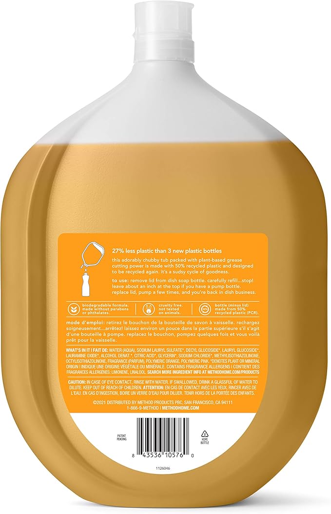 Method Gel Dish Soap, Refill, Clementine, Recylable Bottle, Biodegradable formula, 54 Fl Oz (Pack of 2)