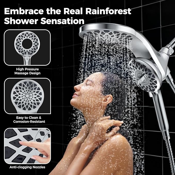 High Pressure Rain Shower Head with Handheld Spray Combo: Detachable Dual Shower Head with 10 Sprays Modes - Upgrade Knob Spray Mode Selector and Magnetic Guidance Docking System