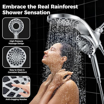 High Pressure Rain Shower Head with Handheld Spray Combo: Detachable Dual Shower Head with 10 Sprays Modes - Upgrade Knob Spray Mode Selector and Magnetic Guidance Docking System