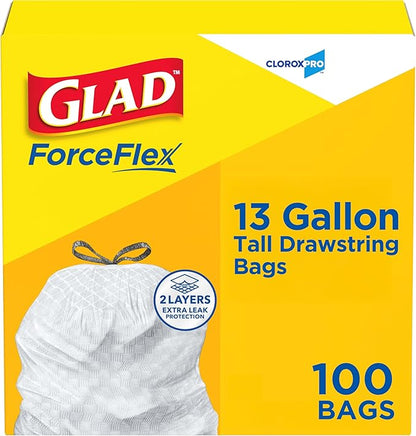 CloroxPro Glad ForceFlex Tall Drawstring Trash Bags, 13 Gal, 100 Ct (Pack May Vary)