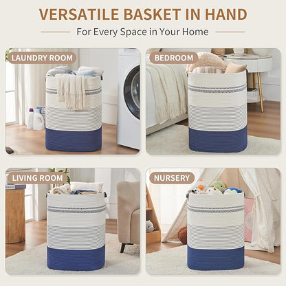 Large Laundry Basket - Tall Woven Rope Laundry Hamper with Leather Handles - Dirty Clothes hamper for Living room, Bedroom, 17" X 13.8" X 22", Dark Blue & White