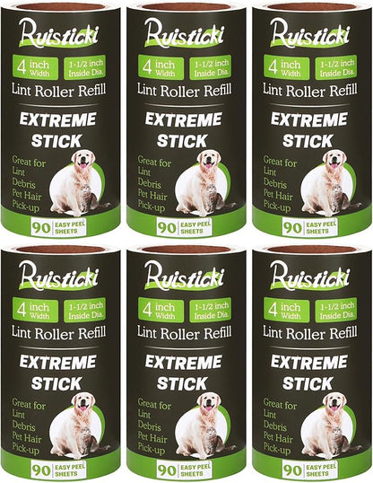 4 inch Lint Roller Refills Compatible with Evercare and Other Lint Rollers with 1 1/2 inch Inside Diameter Extreme Stick 90 Sheets Each Refill (Pack of 6, 540 Sheets Total)