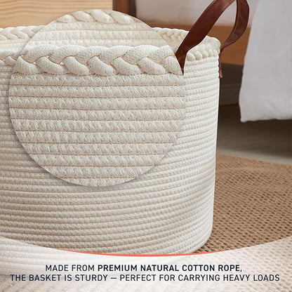 XLarge Round Cotton Rope Storage Basket Bin Organizer Laundry Hamper with Leather Handles, 21 x 21 x 14, Extra Large Blanket Woven Basket for Nursery - Cream
