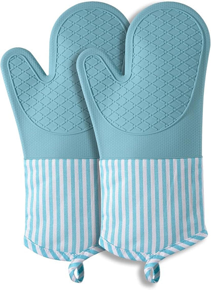 Silicone Oven Mitts, Heat Resistant Oven Gloves with Quilted Liner, Waterproof & Non-Slip Kitchen Mittens for Baking Cooking BBQ, 500°F, 13.5"-Nordic Blue