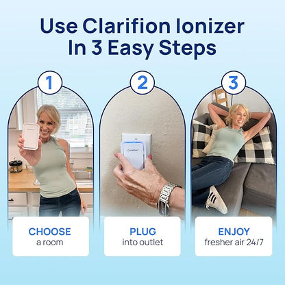 Clarifion - Air Ionizers for Home (3 Pack), Negative Ion Filtration System, Quiet Air Freshener for Bedroom, Office, Kitchen, Portable Air Filter Odor, Smoke Dust, Pets, Eliminator, Mini Air Cleaner
