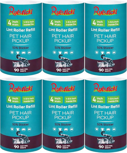 4 inch Extra Sticky Lint Roller Refills for Scotch-Brite Pet Hair Pickup Lint Roller 90 Sheets per Refill 6 Pack - 540 Easy-Tear Adhesive Sheets Total (Inside Dia. 1 3/4 inch)