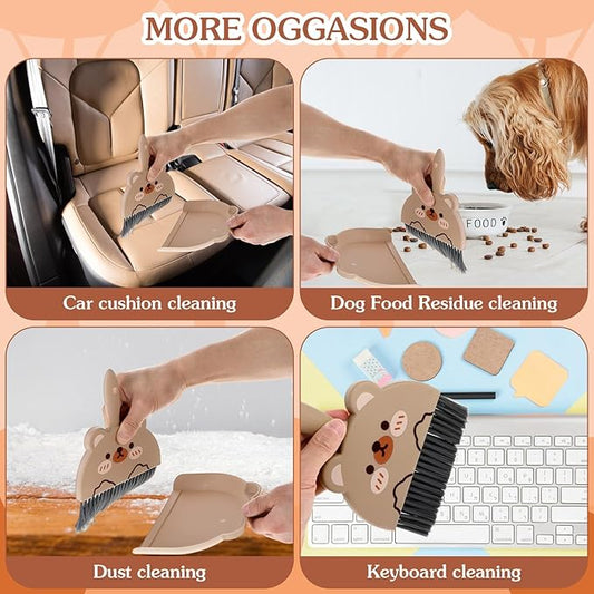 Ouligay Portable Hand Broom and Dustpan Set,Cute Mini Broom and Dustpan Set with Durable Brush,Lightweight Small Dust Pan and Broom Set for Desktop Cleaning Small Space Cleaning(Brown Bear)