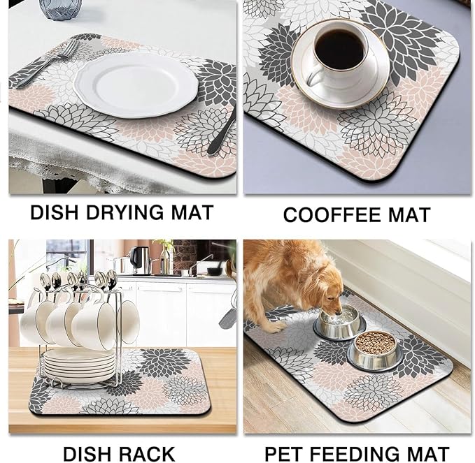 Dish Drying Mat for Kitchen Counter 2 Pack with Non-Slip Rubber Backing - Heat-Resistant Absorbent Coffee Bar Mat, Dish Rack Mat, Pink / Grey Dish Drying Mats 18x24+19.5x12 inch