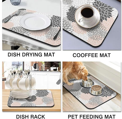 Dish Drying Mat for Kitchen Counter 2 Pack with Non-Slip Rubber Backing - Heat-Resistant Absorbent Coffee Bar Mat, Dish Rack Mat, Pink / Grey Dish Drying Mats 18x24+19.5x12 inch