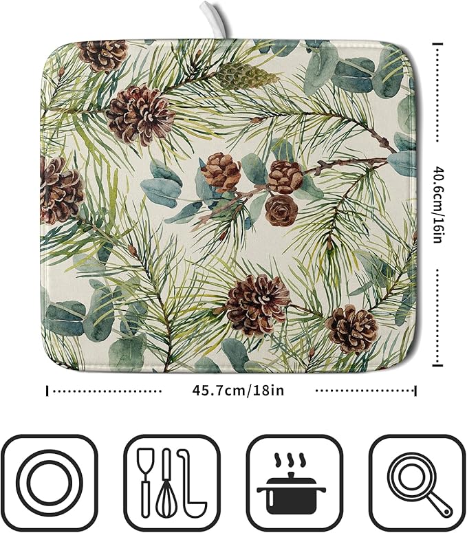 Winter Dish Drying Mat for Kitchen Counter 16x18 Christmas Evergreen Leaves Pinecone Holiday Theme Absorbent Reversible Microfiber Drying Mats Kitchen Countertop Protector Dishes Drainer Pad