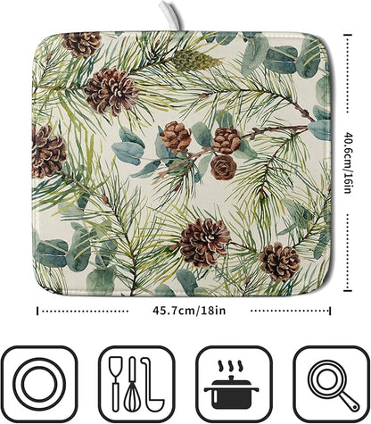 Winter Dish Drying Mat for Kitchen Counter 16x18 Christmas Evergreen Leaves Pinecone Holiday Theme Absorbent Reversible Microfiber Drying Mats Kitchen Countertop Protector Dishes Drainer Pad