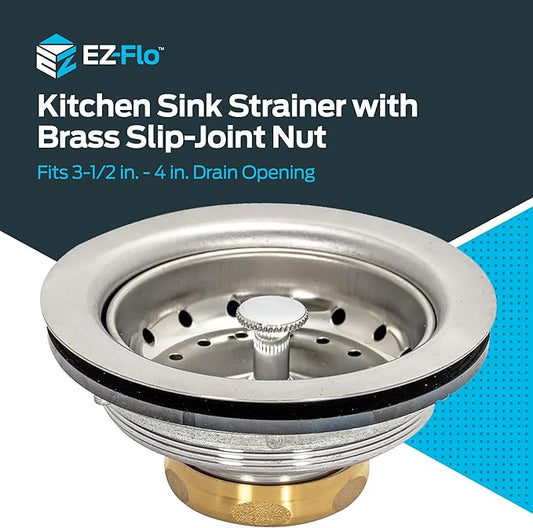 EZ-FLO Kitchen Sink Strainer Fits 3-1/2 Inch Opening, Sink Drain Assembly with Brass Slip-Joint Nut and Fixed-Post Basket, Stainless Steel, 30003