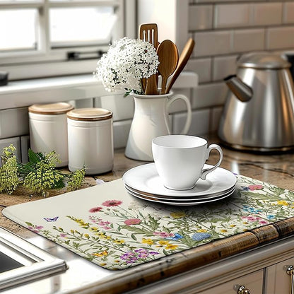 Spring Dish Drying Mat Summer Floral Flowers Kitchen Dish Drying Pad Absorbent Dish Dryer Mat for Kitchen Countertops Microfiber Dishes Drainer Pad Dish Drying Rack Mat (18x24 in)