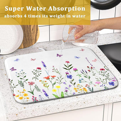 Watercolor Floral Dish Drying Mat for Kitchen Counter 16x18 Inch Spring Summer Wild Flower Butterfly Absorbent Reversible Microfiber Dish Drainer Rack Mats Countertops Protector Mat