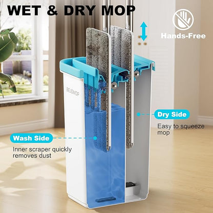 Mop and Bucket Set, Mops for Floor Cleaning, Squeeze Flat Mop and Bucket System, Dry & Wet Wall Mop Cleaner with Long Handle for Household Cleaning with 4 Microfiber Mops, Turquoise-Cyan