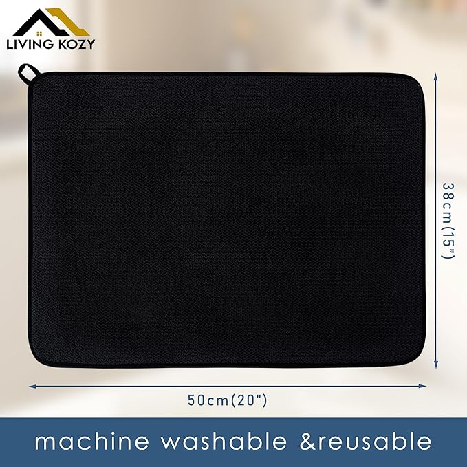 Dish Drying Mat, Microfiber Ultra-Absorbent Kitchen Counter Mat, Ideal Dish Drying Pad for Dishes, Utensils, Pots, and Pans, Black, Large - 15"x20" (50x38cm).