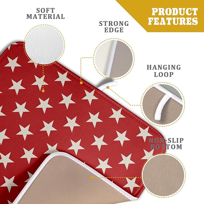 Patriotic July of 4th Red Star Dish Drying Mat for Kitchen Counter 16x18 Memorial Independence Day Absorbent Reversible Microfiber Drying Mats Kitchen Countertop Protector Dishes Drainer Rack Pad