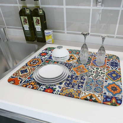 Talavera Mexican Tiles Dish Drying Mat for Kitchen Counter 18x24 Inch Mexican Flower Decorations Dish Draining Mat Mexican Tilt Fast Absorbent Tableware Dishes Pad for Coffee Bar Countertop