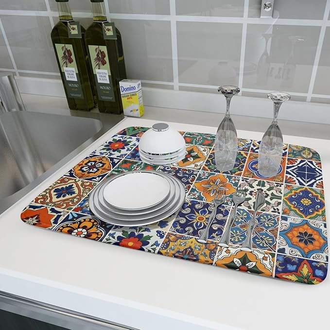 Talavera Mexican Tiles Dish Drying Mat for Kitchen Counter 16x18 Inch Mexican Flower Decorations Dish Draining Mat Mexican Tilt Fast Absorbent Tableware Dishes Pad for Coffee Bar Countertop