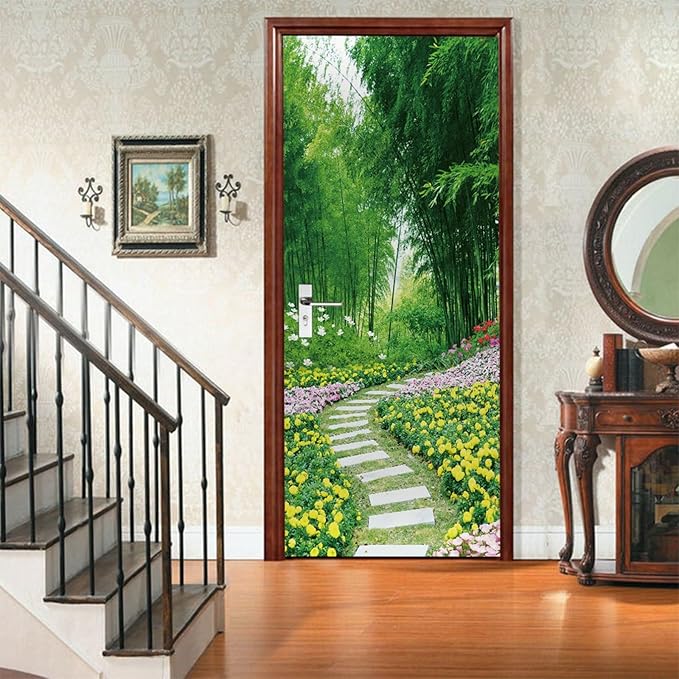 A.Monamour 3D Door Stickers for Interior Doors Garden Scenery with Flowers Trees and Path Nature Scenery Vinyl Waterproof Self Adhesive Door Mural Decals for Bedroom Office Bathroom 90x200cm