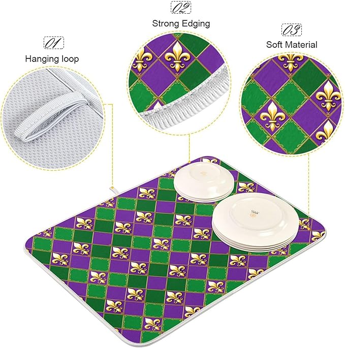 Happy Mardi Gras Purple Green Dish Drying Mat for Kitchen Countertop 16x18 Fleur de Lis Buffalo Plaid Small Drying Mat Reusable Quick Dry Dish Sink Mats Easy Clean Decorative Essentials