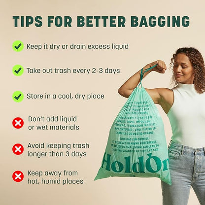 HoldOn 13-Gallon Trash Bags – Tall Kitchen Trash Bags with Drawstring Handles for Tall Trash Bins, Heavy-duty and Compostable, Large Trash Bags (40 bags, Pack of 2)