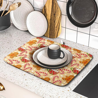 Christmas Gingerbread Man Dish Drying Mat for Kitchen Counter 16x18 Xmas Candy Cane Winter Holiday Theme Absorbent Reversible Microfiber Drying Mats Kitchen Countertop Protector Dishes Drainer Pad