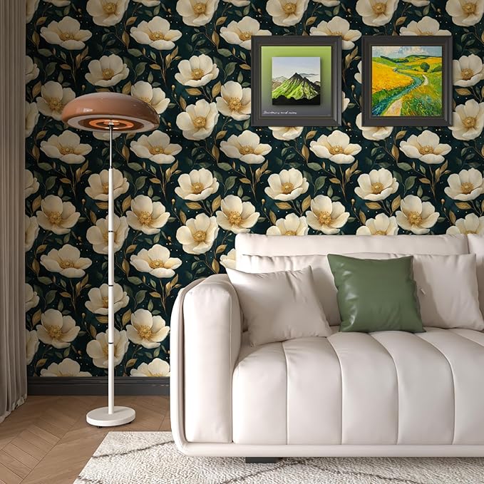 Fvlow Large Dark Floral Wallpaper Peel and Stick, White/Gold Flowers Contact Paper Waterproof Self-Adhesive Boho Wall Paper for Bedroom Countertop Desk Cabinets Decor 17.4" x 118" Renter Friendly