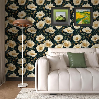 Fvlow Large Dark Floral Wallpaper Peel and Stick, White/Gold Flowers Contact Paper Waterproof Self-Adhesive Boho Wall Paper for Bedroom Countertop Desk Cabinets Decor 17.4" x 118" Renter Friendly