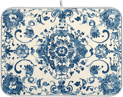 Absorbent Dishes Drainer Mat for Countertop Small Size 16 x 18, Microfiber Blue White Pattern Dish Drying Pads Kitchen Counter Draining Pad