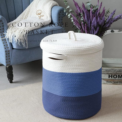 Sea Team Large Size Cotton Rope Woven Storage Basket with Lid, Lidded Laundry Hamper with Handles, Fabric Bucket with Cover, Clothes Toys Organizer for Kid's Room, 16 x 20 inches, White & Navy